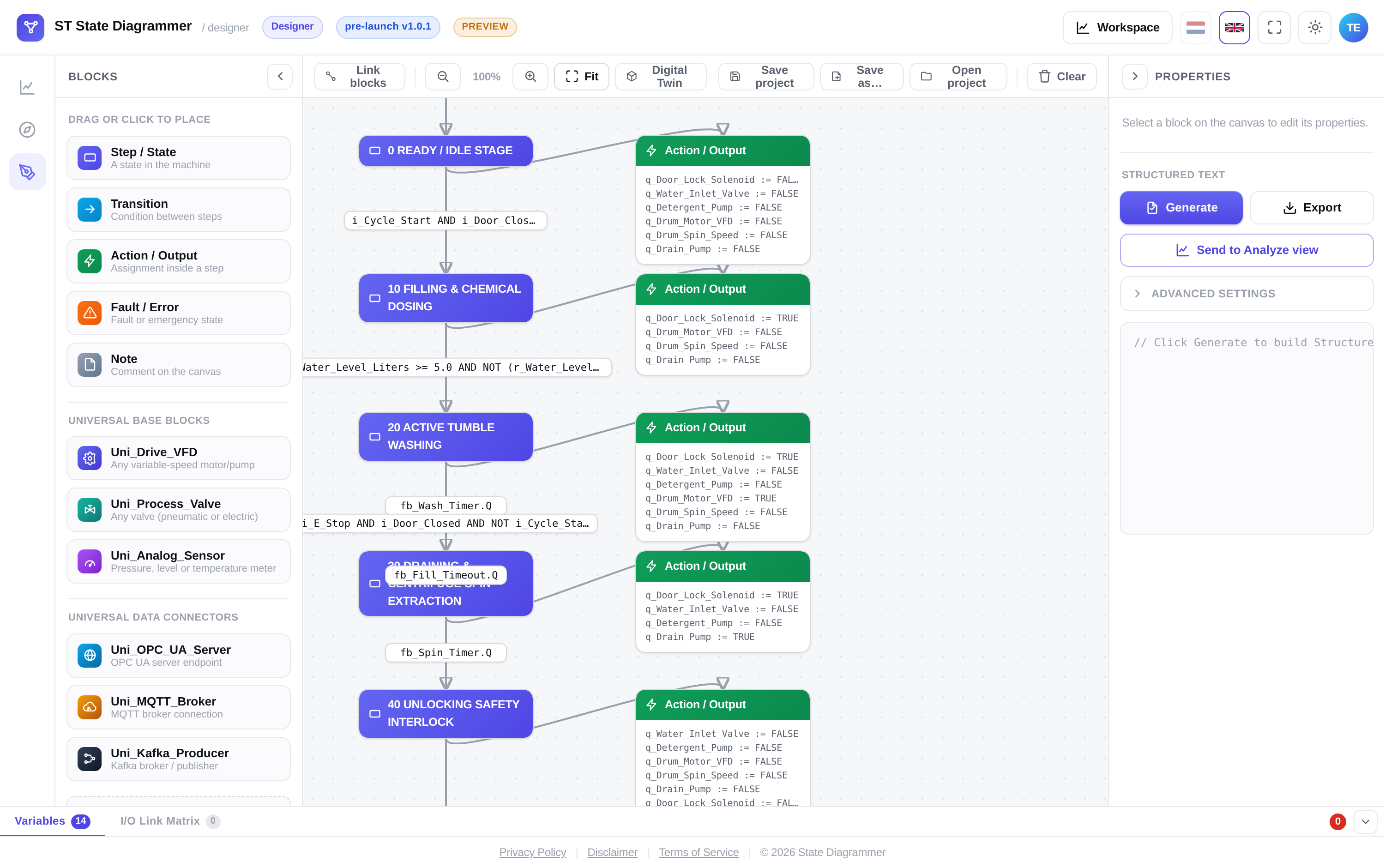 The visual Designer canvas with state blocks and generated Structured Text